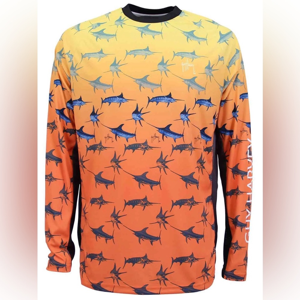 Guy Harvey Marlin Bimini Blast Orange Blue Long Sleeve Rash Guard Shirt Size S